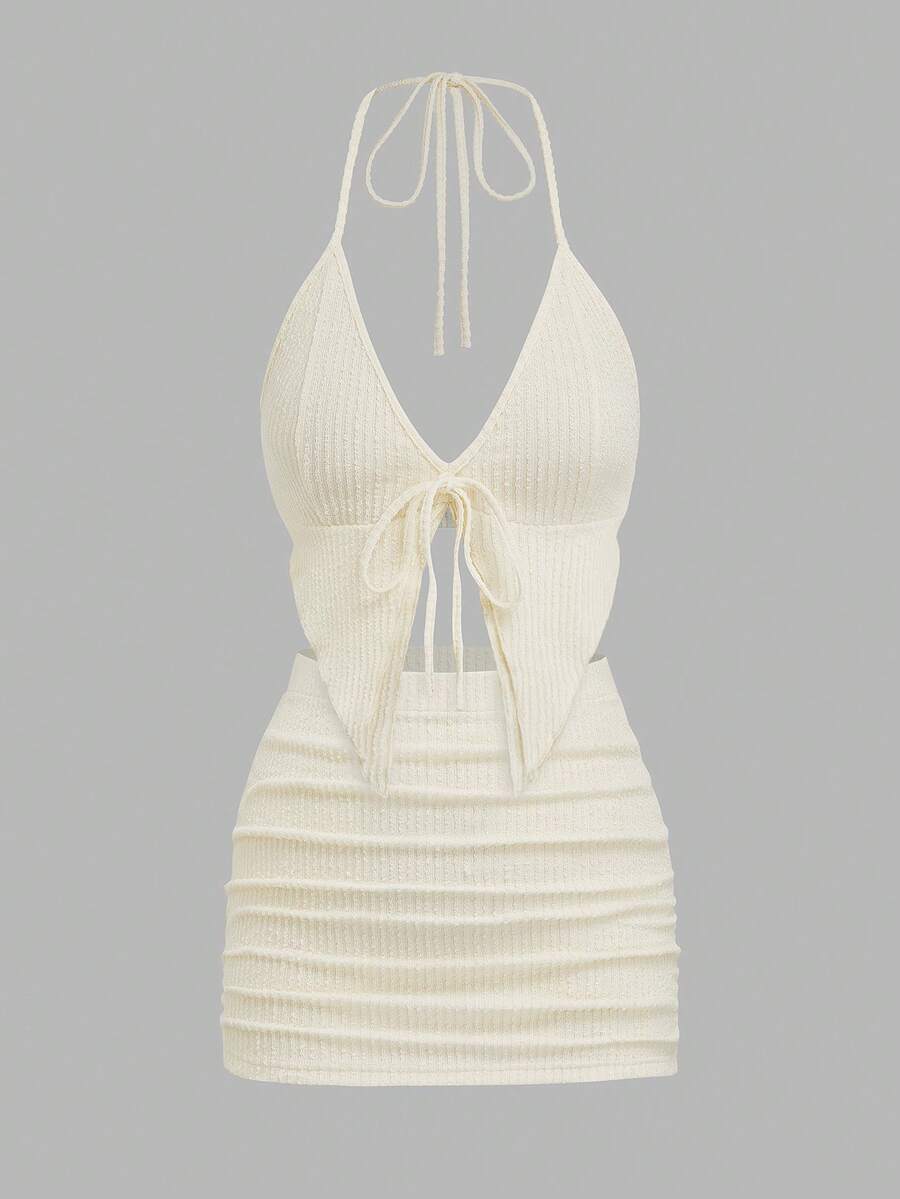 Sweetra 夏季新款露背系带针织荷叶边上衣搭配褶皱性感紧身裙两件套 - 杏色 - 查看 1