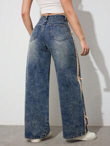 SHEIN Tall Women's Fashionable Side Stripe Bow Denim Jeans - Dark Wash - View 8