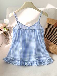 SHEIN Tween Girls Blue Plaid Camisole, Elegant Solid Color Ruffle Trim Camisole, Suitable For Summer, Vacation, Casual, Home, - Blue and White - View 2