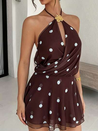 Firerie 复古波点深V领低腰双层荷叶边迷你连衣裙，波点印花网纱拼接连衣裙，性感露背连衣裙，金属扣系带吊带迷你裙，性感女士连衣裙，度假连衣裙，春夏服装，优雅，通勤，约会，派对，音乐节，波西米亚风，度假，海滩，夏威夷，音乐会，婚礼季，毕业礼服，舞会，演出服，返校季，连衣裙，舒适