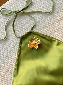Comfortcana Robe mini d'été élégante pour vacances avec décor floral, col ras-du-cou et volants à l'ourlet - Vert - Voir 7