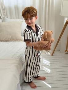DAZY Conjunto de ropa informal para niños pequeños con estampado de animal y cuello de color block (Talla Pequeña) - Marrón - Ver 4