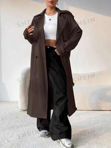 SHEIN x Carly Lawrence SHEIN EZwear Áo khoác trench coat hai hàng khuy màu nâu cà phê giản dị mùa thu dành cho nữ - Cà phê nâu - Xem 3