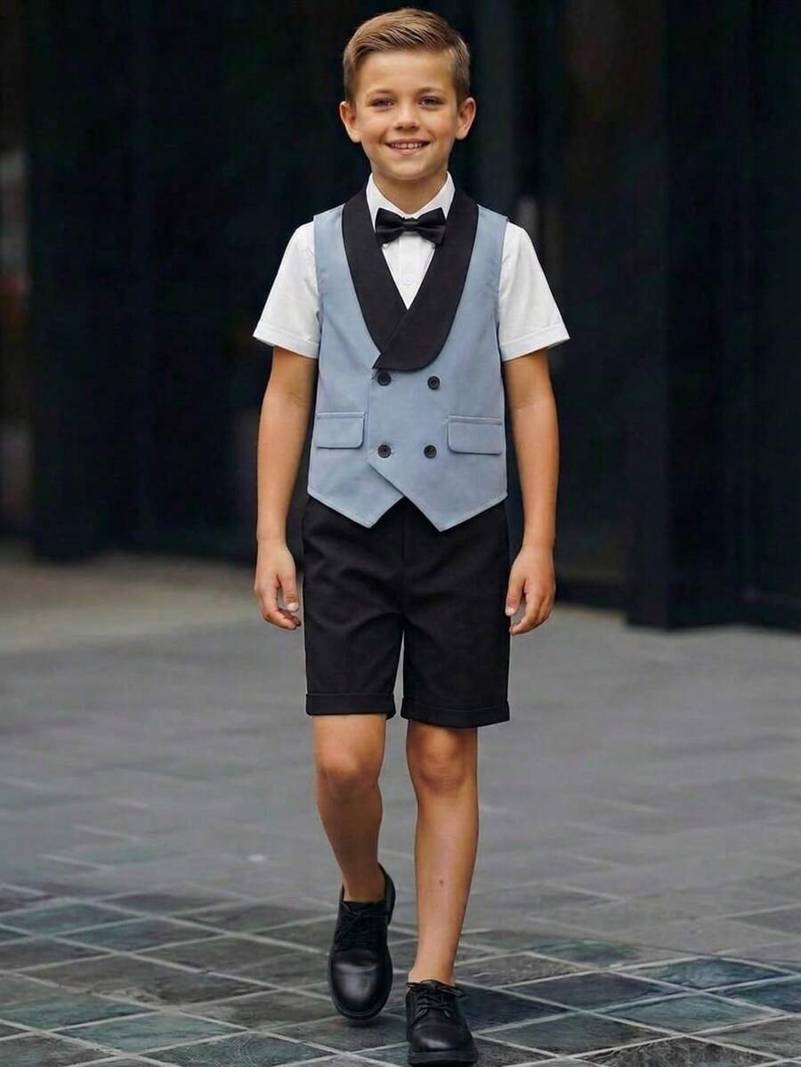 SHEIN 两件套青少年男童夏季休闲学院风绅士套装，撞色西装外套、马甲和松紧腰正式短裤，适合生日派对、晚宴、演出、婚礼等场合。 - 淺藍色 - 查看 1
