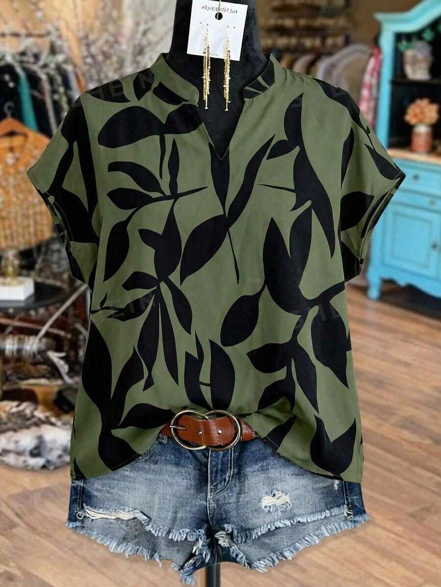 Linhara Plus Size Contrast Color Leaf Print Notched Neck Short Sleeve Shirt - Dark Green - View 1