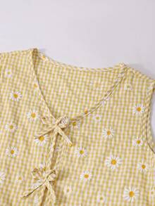Sparklyn Tween Girl Plaid & Floral Print V-Neck Sleeveless Top And Pants 2-Piece Set - Yellow - View 4