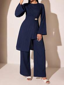 Veilorie Women's Elegant Solid Color Round Neck Long Sleeve Top And Pants 2 Pieces Set - Blue - View 9