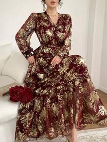 DAZY Women's V-Neck Elegant Long Dress, Suitable For Banquet Dinner Date Sun Dresses For Women Vacation Outfits Women Burgundy Autumn - Brown - View 2