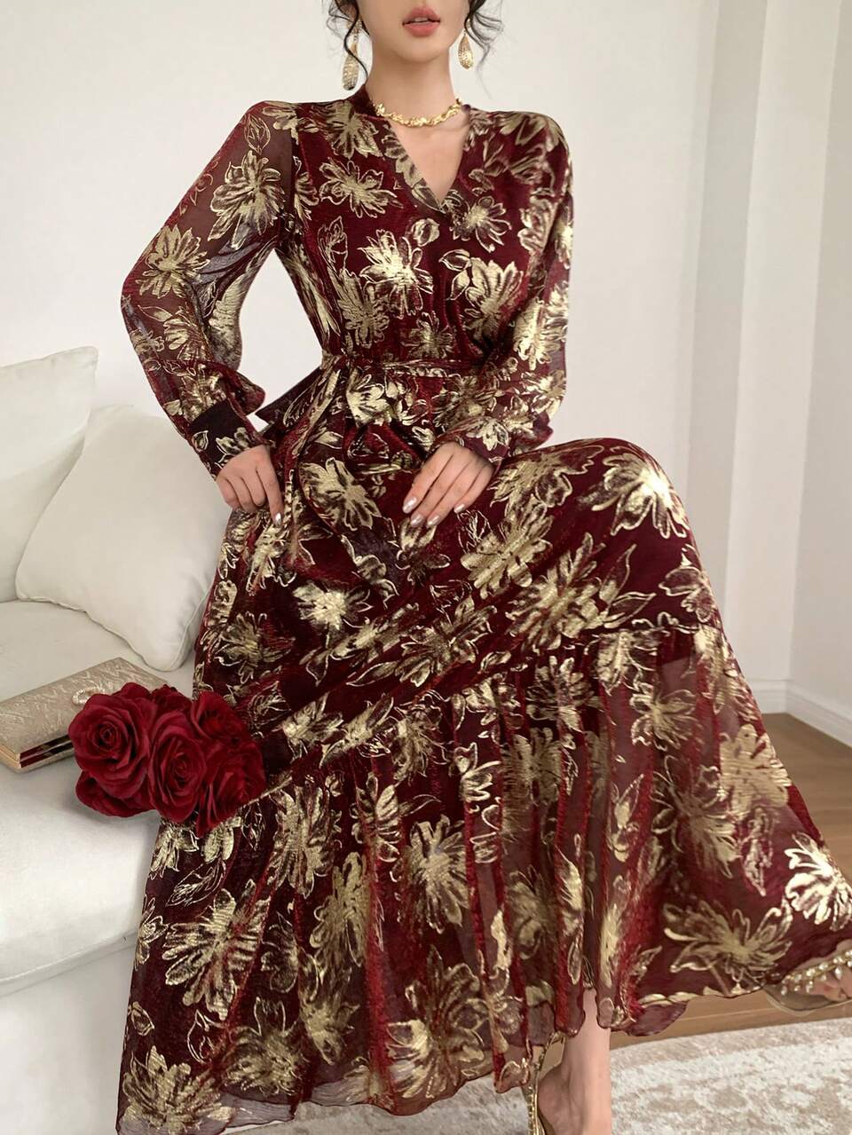 Women's V-Neck Elegant Long Dress, Suitable For Banquet Dinner Date Sun Dresses For Women Vacation Outfits Women Burgundy Autumn