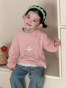 Toddler Girls' Round Neck Sweet Lace Patchwork Cartoon Bow Long Sleeve Top - Pink - View 1