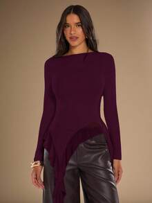 SHEIN BAE Women Solid Color Asymmetric Ruffle Hem Long Sleeve Fitted Top,Summer Top - Maroon - View 7
