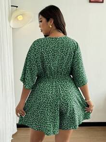 Vionelle Bộ jumpsuit nữ cỡ lớn cổ chữ V cài cúc, tay bồng, dáng rộng, họa tiết hoa thanh lịch, dễ thương, thích hợp cho kỳ nghỉ, phong cách Pháp, mùa xuân/hè. - màu xanh lá - Xem 2