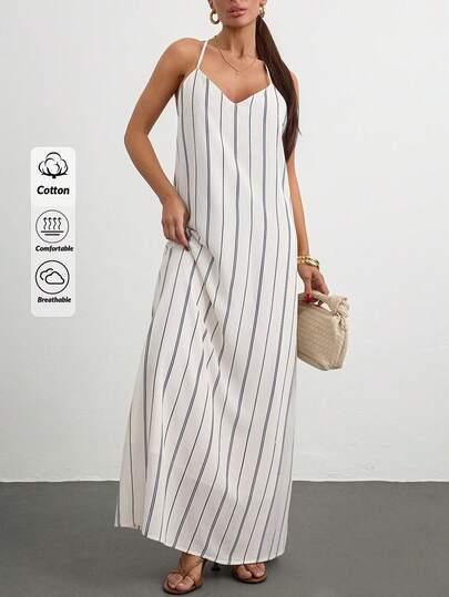 Robe rayée pour femmes avec col bouffant et multicouche, style vacances