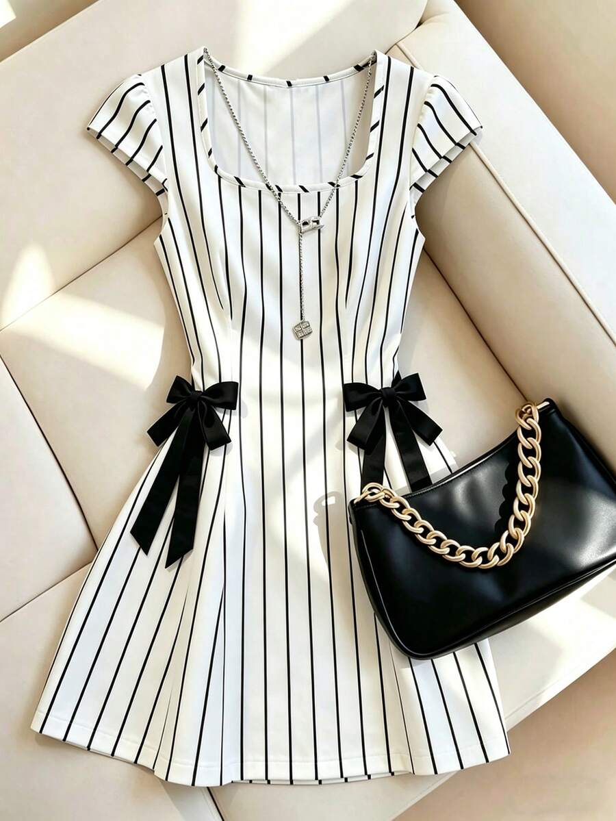 SHEIN Franclia 女士法式极简条纹短袖系带连衣裙，适合春夏穿着，休闲户外、情侣约会、生日派对、毕业典礼、日常通勤皆宜。