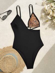 Swim SXY Bộ jumpsuit gợi cảm phối họa tiết da báo, cổ chữ V khoét sâu, dây đeo mảnh. - màu đen - Xem 2