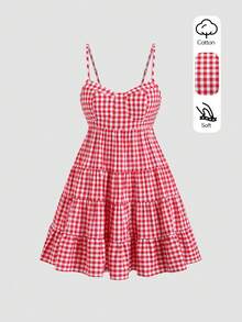 SHEIN Sweetro 春夏新款法式复古红白格纹露背系带喇叭下摆女士吊带迷你连衣裙，适合海滩度假 - 紅色 - 查看 1