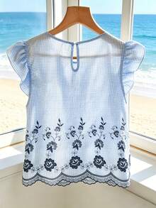 SHEIN Holidaya Women's White And Blue Floral Summer Boho Beach Vacation Holiday Gingham Ruffle Flutter Sleeve Top French Round Neck Embroidery Elegant Slim Shirt - Blue - View 2