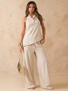 SHEIN BAE 2pcs Set: Loose Backless Scoop Neck Blouse & High Waist Wide Leg Pants, Beige Linen Outfit, Summer Beach Vacation Set, Linen 2-Piece Set,Work Outfits For Women Pants And Top Special Occasion - Khaki - View 4