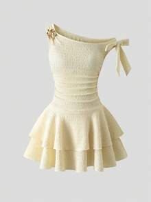 SHEIN Tween Girl Elegant Summer Birthday Dress,Golden Yellow Asymmetrical Shoulder Ruched Cake Princess Outfit With Metal Starfish Decor,Sibling Matching - Yellow - View 4