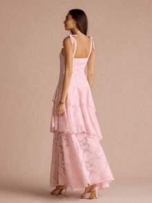 Enchnt Women's Jacquard Fashion Multi-Layer Ruffle Hem Shoulder Tie Elegant Dress - Pink - View 7