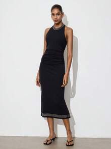 Gossip Girl X SHEIN SHEIN Maija Women's Rivet Decor Ruched Waist Elegant Midi Dress For Party Dinner Party Night And Occasion,Going Out Outfits,Black And White - Black - View 9