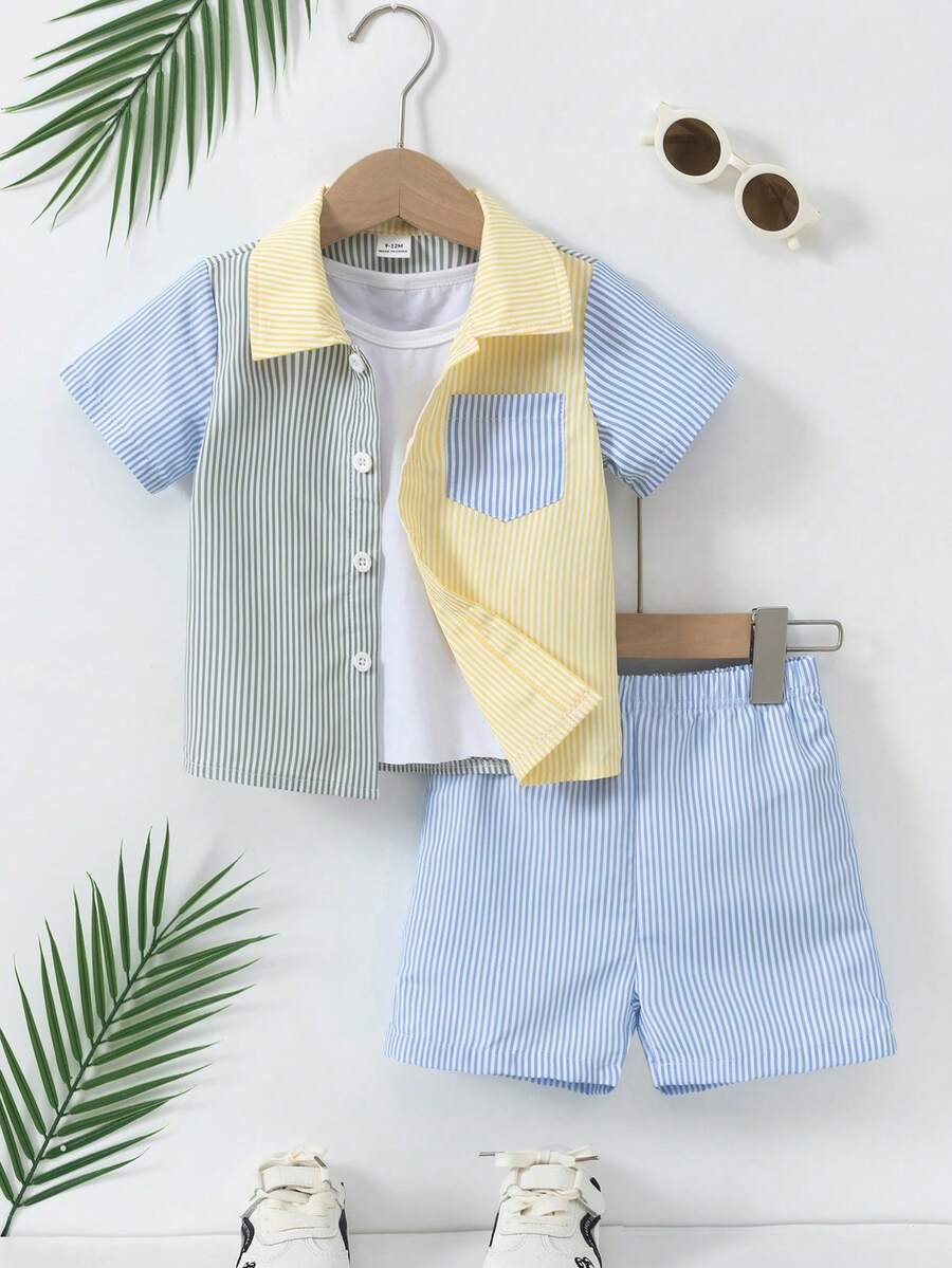 SHEIN Conjunto de camisa casual de manga corta con botones y bloques de color a rayas para niños pequeños, verano - Multicolor - Ver 1