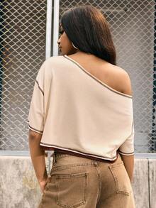 GARFIELD | SHEIN Women's Casual Oblique Shoulder Cropped T-Shirt With Numeric Print, - Apricot - View 3