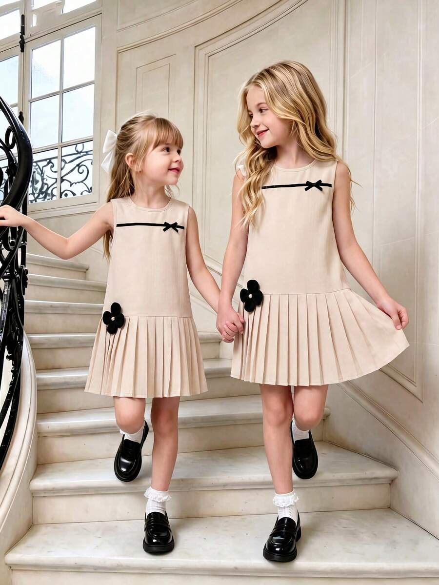 Elladie kids 青少年女孩夏季優雅可愛婚禮茶會花童校園洋裝,淺米色甜美無袖休閒迷人青少年女孩服飾 - 白色 - 查看 1
