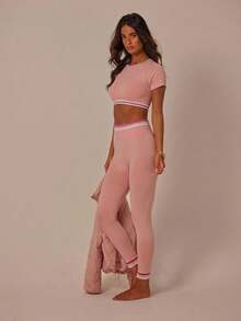 Aralina Women's Striped Raglan Short Sleeve Cropped T-Shirt And Leggings Sports Suit - Pink - View 3