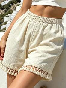 Lacomfia Pantalones cortos de mujer talla grande de unicolor con dobladillo de flecos elástico en la cintura - Albaricoque - Ver 6