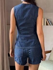 DAZY Women's Round Neck Sleeveless Denim Vest With Embroidery Decor And Shorts, Vacation Style Denim Set - Dark Wash - View 4