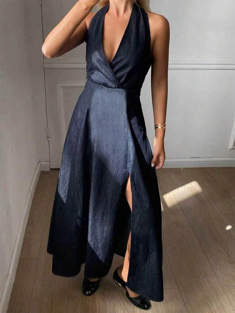 Women's Knotted Waist Side Slit Hem Halter Neck Denim Dress