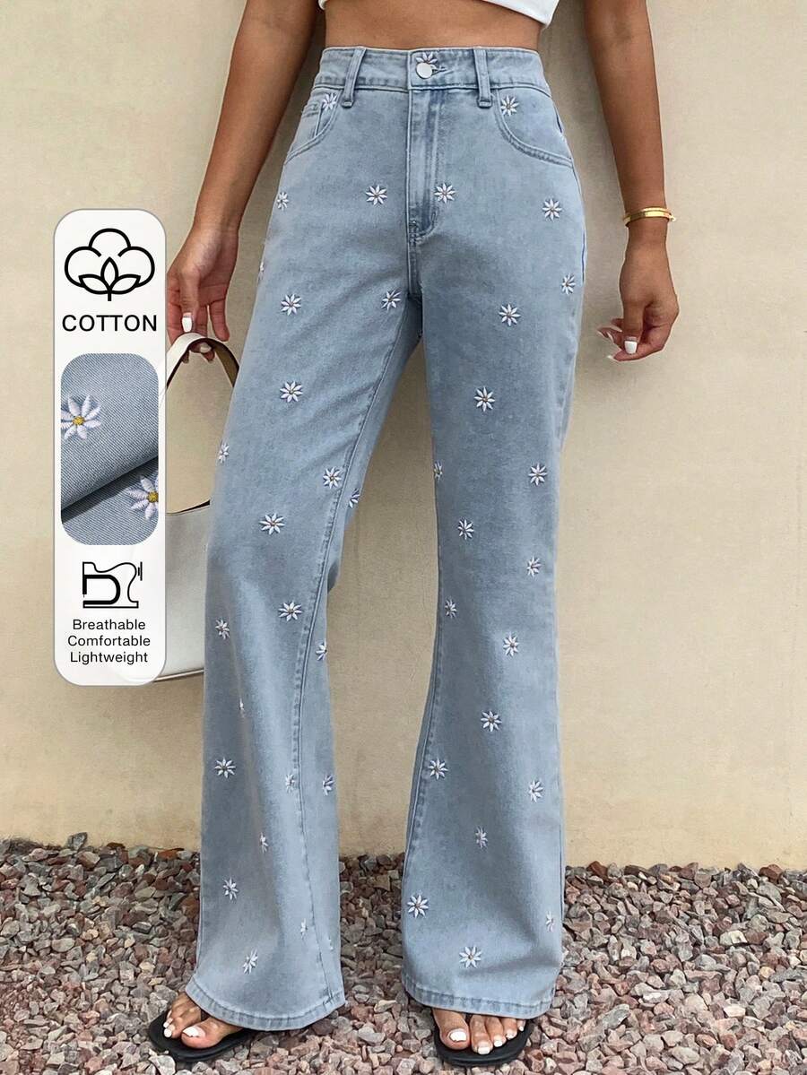Livesso Women's Casual Floral Embroidered Flare Jeans - Blue - View 1