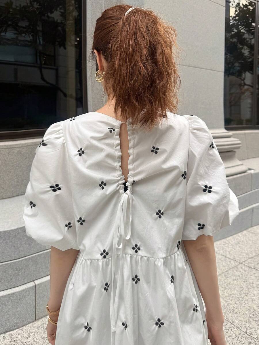 FRIFUL 女士夏季休闲刺绣荷叶边泡泡袖连衣裙/太阳裙 - 白色 - 查看 1