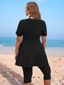 Swim Mulvari Bộ đồ bơi Burkini 2 mảnh tay ngắn, khóa kéo, cổ tròn, thắt eo, kín đáo, thích hợp cho nữ cỡ lớn, thích hợp cho kỳ nghỉ. - màu đen - Xem 2