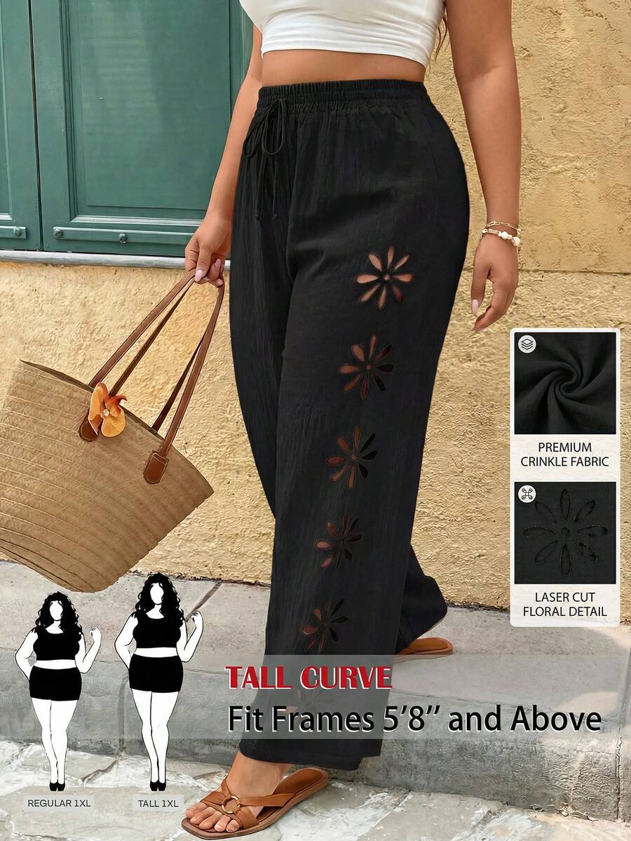 SHEIN Tall CURVE 大码纯色镂空打结宽松裤 - 黑色 - 查看 1
