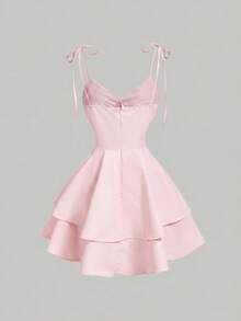 SHEIN MOD 杏色系带印花蝴蝶结褶皱连衣裙，双层下摆——70年代复古波西米亚风，适合海滩度假、约会、派对、春夏女士装、春假、度假、野餐、节日、生日等场合。 - 粉色 - 查看 5
