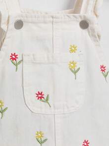 SHEIN Vintaside Kids 女童牛仔背带裙，夏季新品，甜美可爱风格，浅色水洗牛仔布搭配花卉刺绣和荷叶边肩带，休闲百搭，适合夏季度假、日常出行、上学、聚会、户外活动等各种场合，夏季牛仔背带裙 - 米色 - 查看 6
