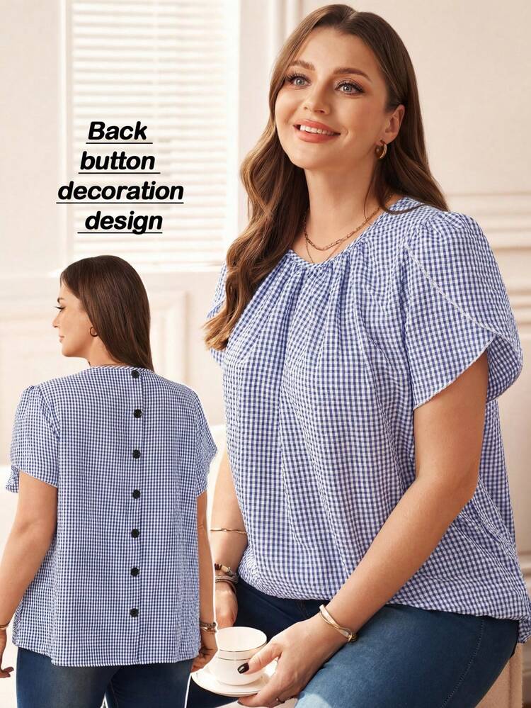 Plus Size Women's Casual Black & White Plaid Short Sleeve Shirt With Button Decor, Spring/Summer