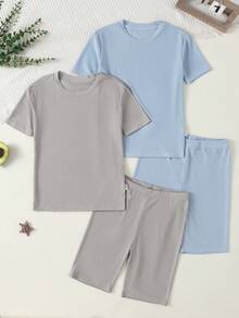 Boys' Ice Silk Ribbed Short Sleeve & Shorts Snug Fit Pajama Set - Multicolor - View 3