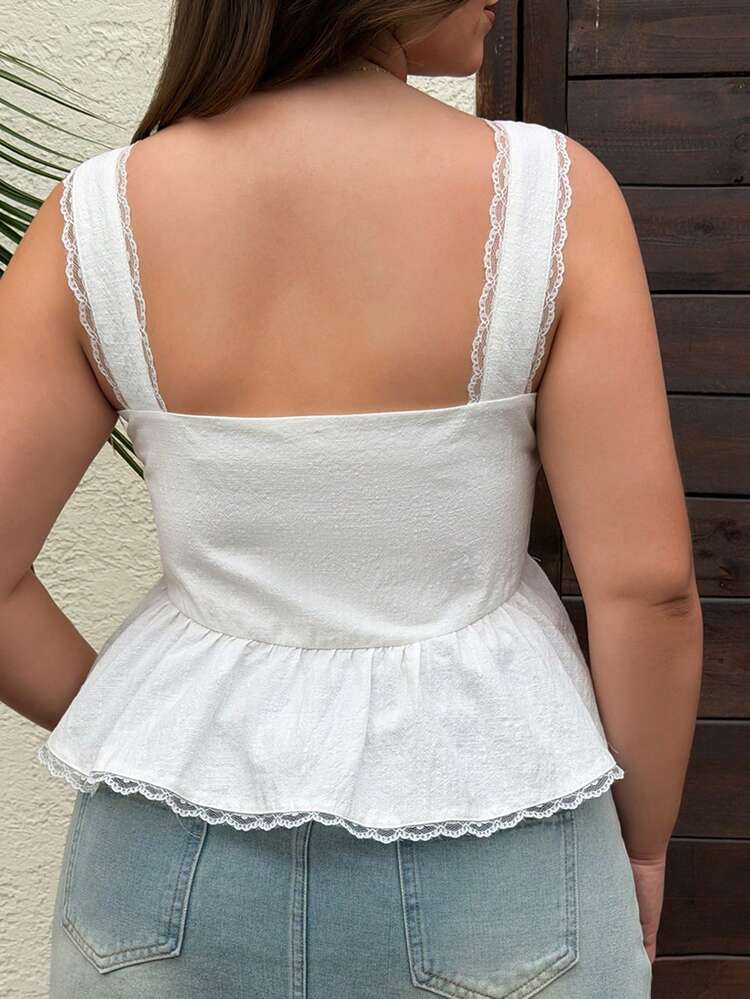 Dazy Plus Plus Size Women's V-Neck Lace Patchwork Tie Waist Camisole, Cotton, For Beach Party, Holiday, Spring/Summer