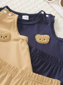 SHEIN Playful Pals 3件套男婴/男女通用婴儿幼儿新生儿0-3岁条纹纯色三件套，包括圆领无袖小熊刺绣背心和短裤，夏季休闲可爱套装 - 彩色 - 查看 8