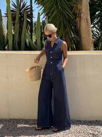Livesso Vintage Washed Blue Music Festival Casual Vacation Straight Leg Pants With Waist Belt Decor, Jumpsuit For Women, Spring & Summer