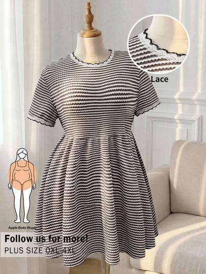 CosyJoli Vestido camiseta casual de cuello redondo a rayas para mujer de talla grande, vestido estilo babydoll