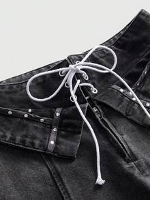 ROMWE Grunge Punk Music Festival Oversized Asymmetrical Low Waist Cargo Capri Jeans - Grey - View 4