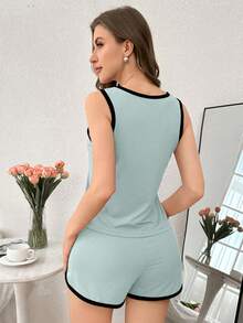Softscene Contrast Trim Casual Tank Top And Shorts Women Pajama Set - Baby Blue - View 2