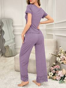Côtesoire Set Piyama Wanita Lengan Pendek Leher V Warna Polos dengan Hiasan Renda Kontras di Pinggang - Purple - View 2