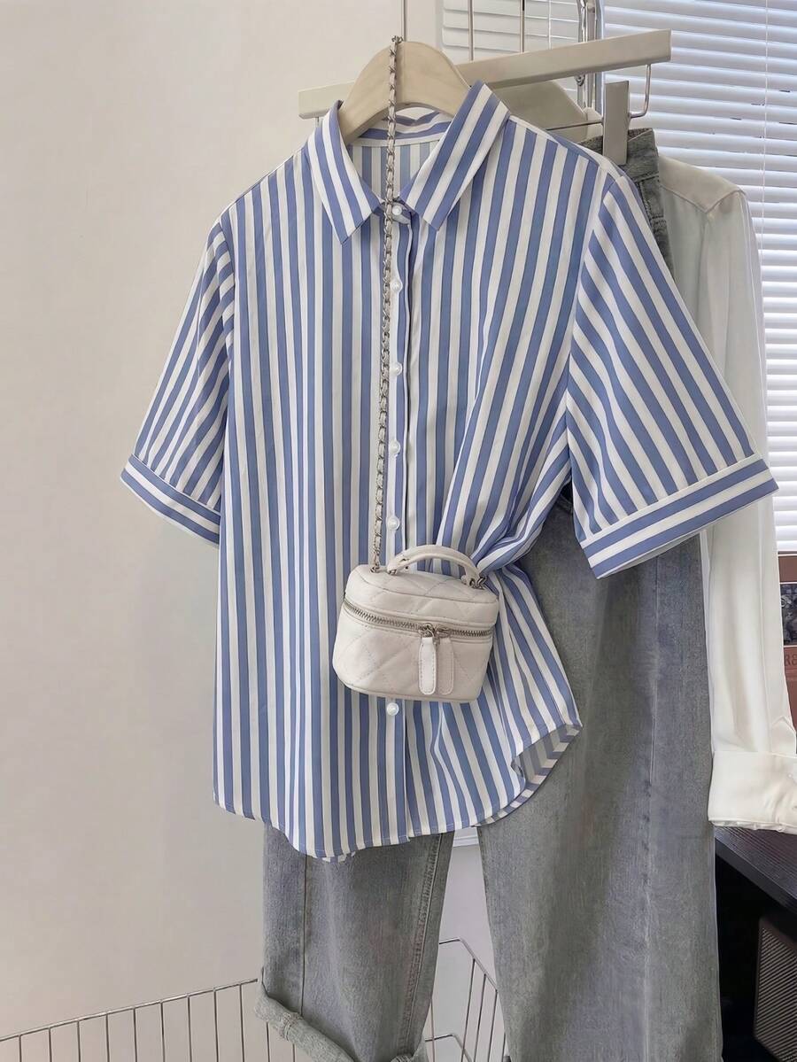 SHEIN Unity Women's Spring Summer Vertical Blue And White Stripe Shirt Classic Short Cuffed Sleeve Button Down Blouse Flattering Work Vacation Office To Weekend - Blue and White - View 1