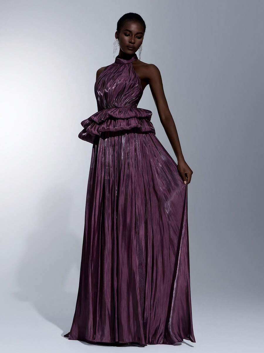 Elitara Elegant Minimalist Classical Design Woven Cold Shoulder Draped Neck Pleated Jellyfish Double-Layer A-Line Formal Evening Gown - Dark Purple - View 1