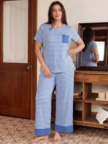 Doze Lane Striped Contrast Color Block Plus Size Short Sleeve Pajama Set - Multicolor - View 5